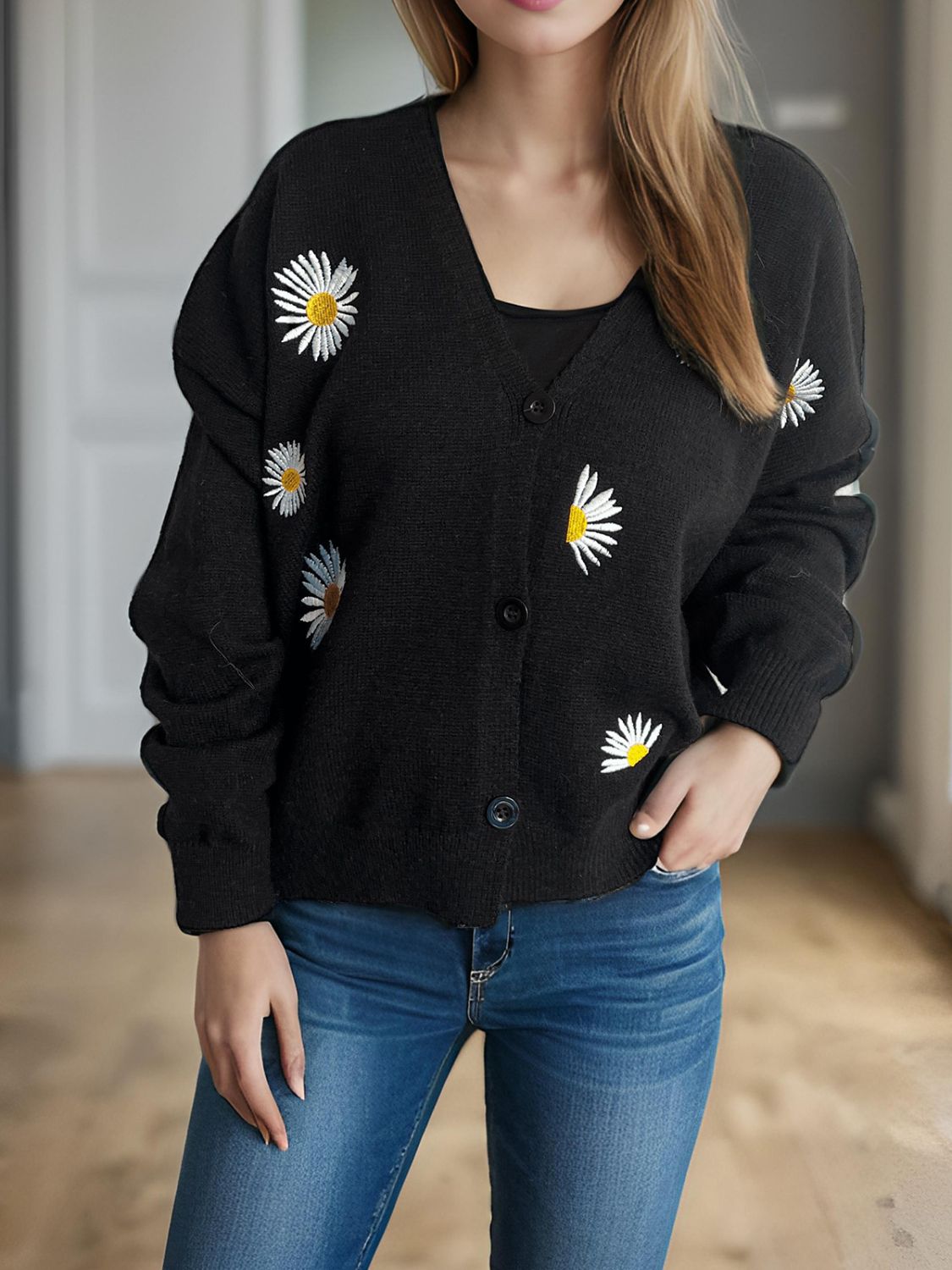 Daisy Button Up V-Neck Cardigan Trendsi