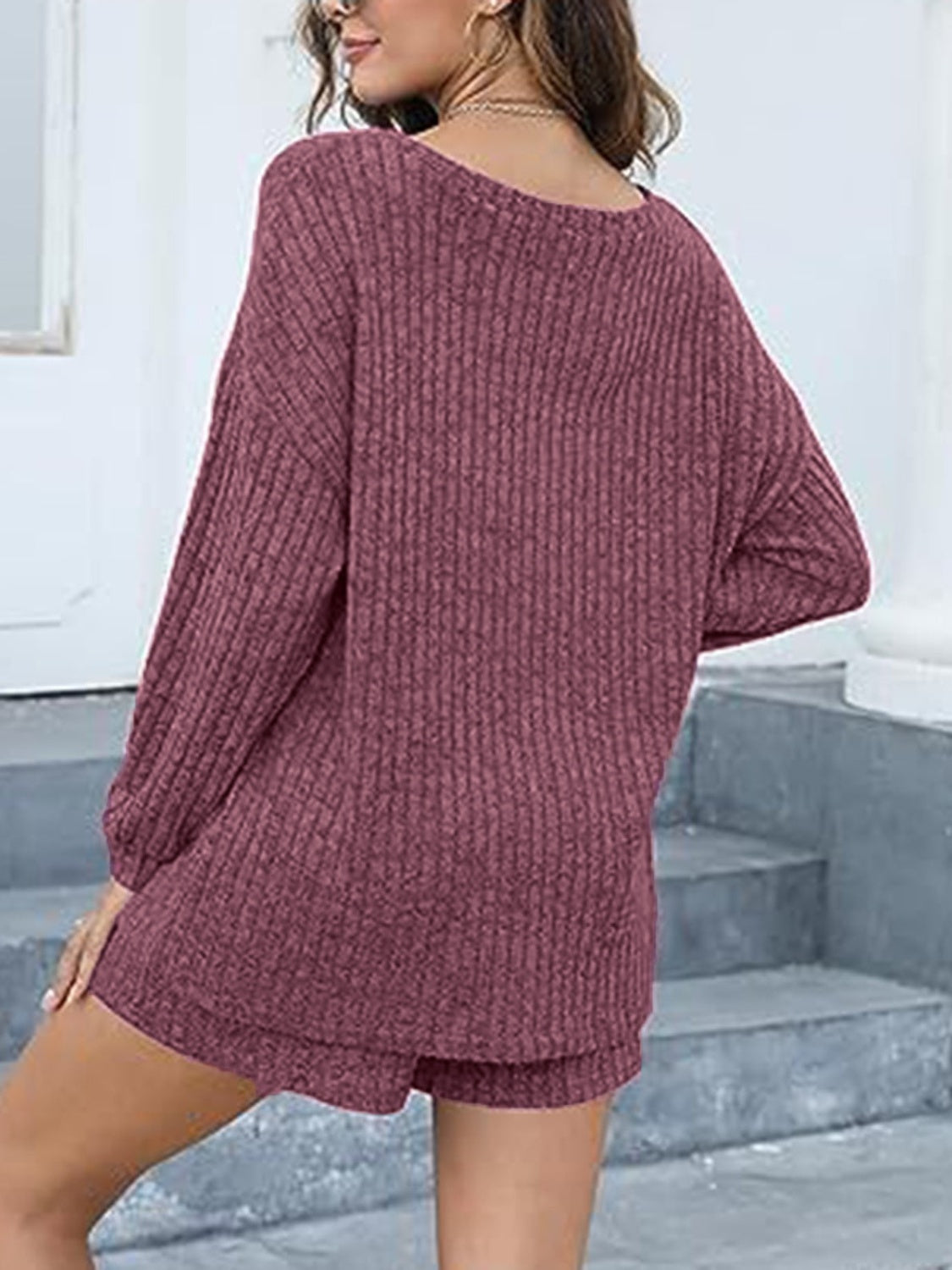 I Simply Love This! Comfy and Warm Round Neck Dropped Shoulder Top and Shorts Set Trendsi