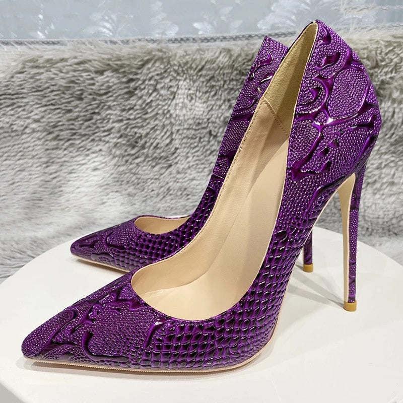 Tikicup Purple Embossed Crocodile Effect Women Pointy Toe Slip On High Heel Shoes for Party Sexy Ladies Dress Stiletto Pumps - House of Cardwell