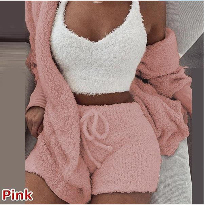 HOC Winter Plush Home Wear, Casual 3Pcs Pajamas Long Sleeved Shorts Sports Set eprolo