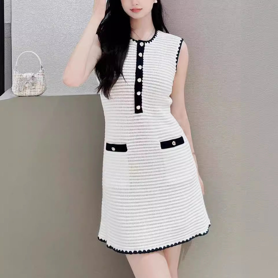 Early autumn new French niche ivory white contrasting commuting style sleeveless knitted dress short skirt for women eprolo