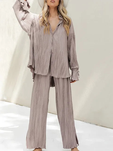 Solid color pleated long sleeved cardigan shirt split top pants two-piece set - House of Cardwell