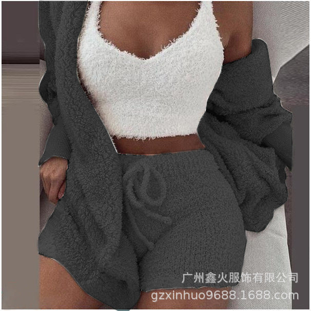 HOC Winter Plush Home Wear, Casual 3Pcs Pajamas Long Sleeved Shorts Sports Set eprolo