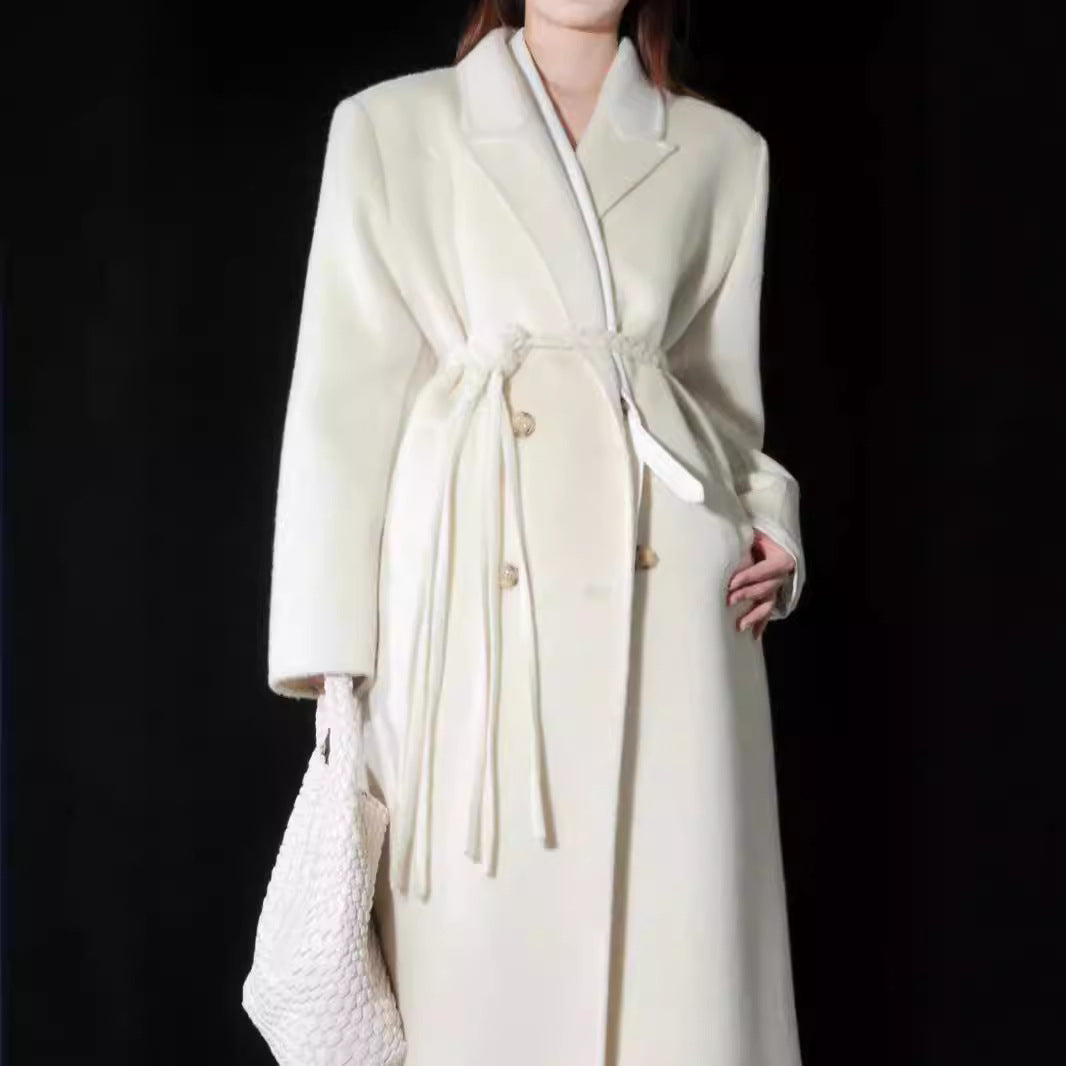 New high-end woven waistband design suit double-sided wool coat woolen coat medium long temperament women's coat eprolo