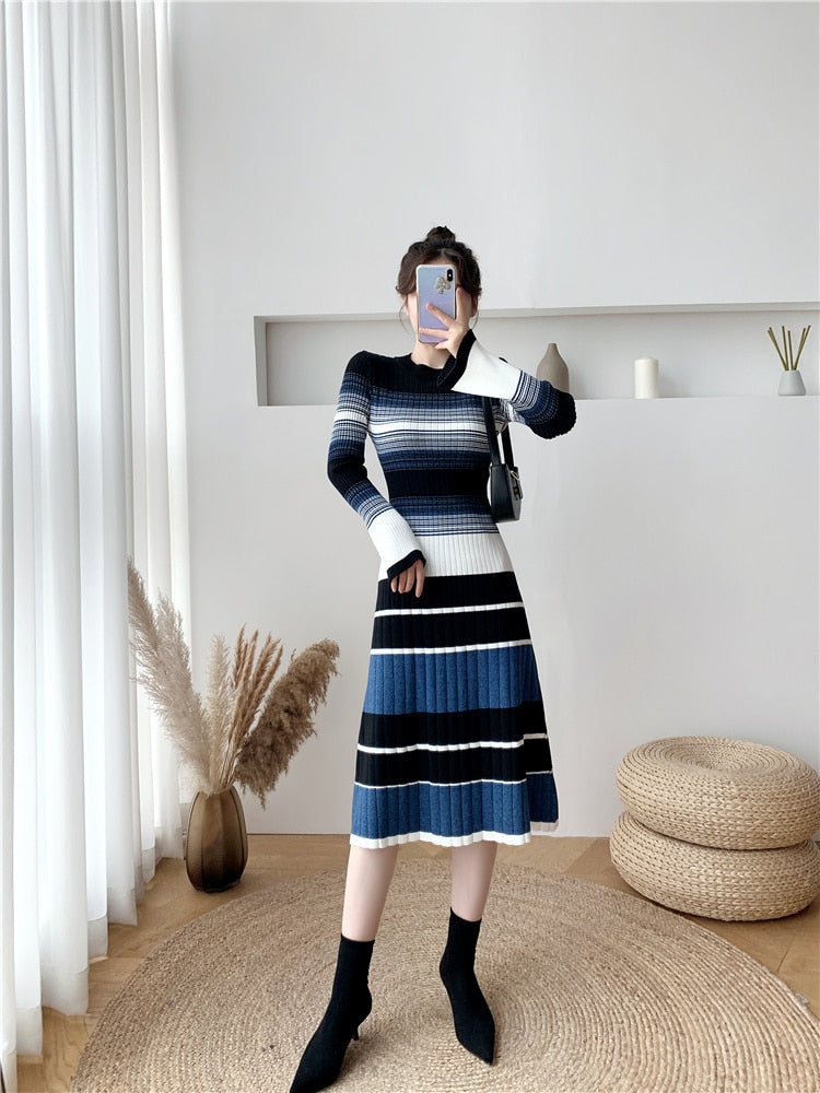 New Autumn and Winter Mid Length Over the Knee Slim Bottoming Knitted Sweater Dress eprolo