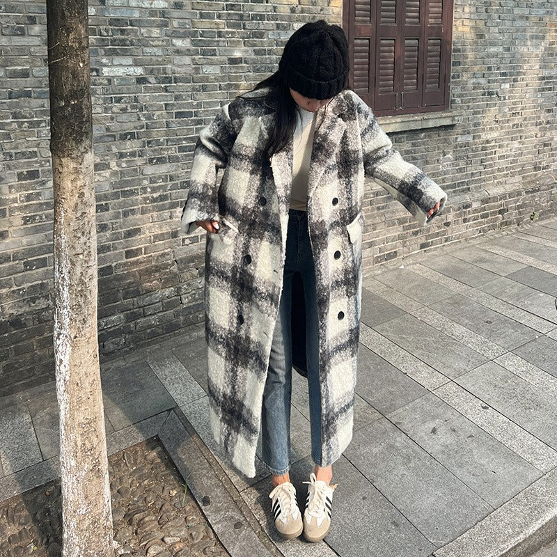 Retro plaid woolen coat women's autumn and winter Korean version loose and thick mid to long over the knee woolen coat eprolo