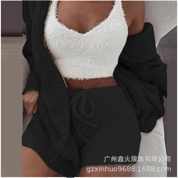 HOC Winter Plush Home Wear, Casual 3Pcs Pajamas Long Sleeved Shorts Sports Set eprolo