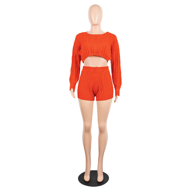 H.O.C Two Piece Fall/Winter Long Sleeve Knit Sweater Tops Bodycon Shorts Sexy Matching Sets eprolo