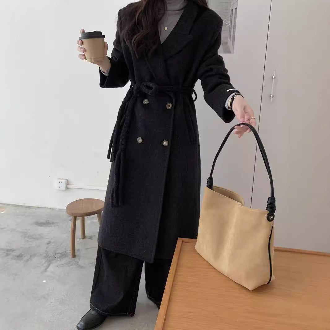 New high-end woven waistband design suit double-sided wool coat woolen coat medium long temperament women's coat eprolo