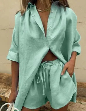 Summer Casual Cotton Linen Short Loose Sleeve Two-Piece Shirt Short Set eprolo