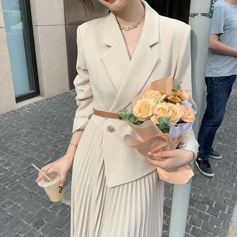 Temperament Autumn and Winter New Suit Jacket Waist Thin Splicing Pleated Skirt Suit eprolo