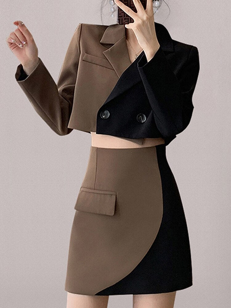 Two Piece Sets For Women Notched Collar Long Sleeve Spliced Button Top High Waist Mini Skirt Slim Set Female - House of Cardwell