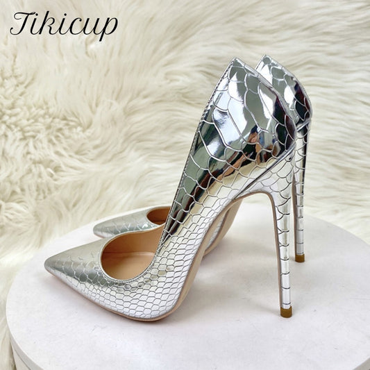 Tikicup Silver Embossed Crocodile Effect Women Sexy Pointy Toe High Heel Party Shoes Bling Shiny Fashion Designer Stiletto Pumps eprolo