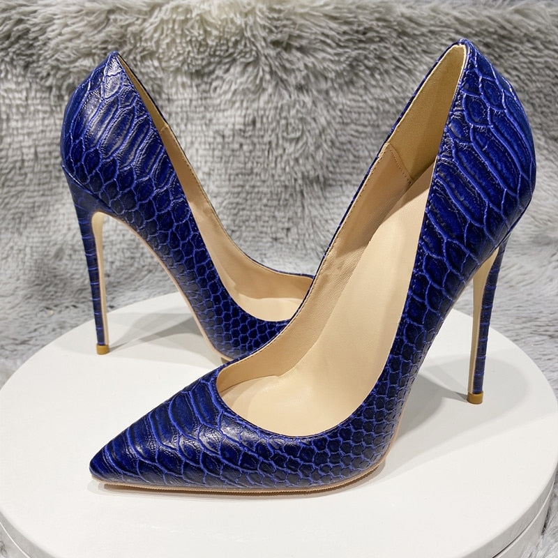 Navy Blue Crocodile Effect Pattern Women Sext Pointy Toe High Heel Shoes Chic Ladies Slip On Stiletto Pumps - House of Cardwell