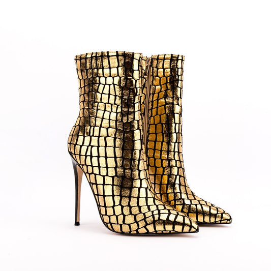 Pointed Toe Super High Heel Ankle Boots Ladies Party Shoes Side Zipper Shiny Stone Pattern Gold Sexy Winter Autumn Fashion Shoes - House of Cardwell