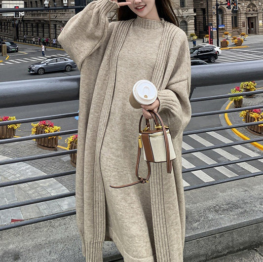 Lazy style long vest dress knitted cardigan set autumn and winter thick temperament versatile sweater jacket eprolo