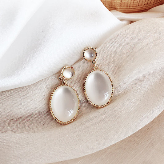 S925 Silver Needle White Moonlight Cat's Eye Retro High Grade Small Fresh Super Fairy Simplicity Earrings - House of Cardwell