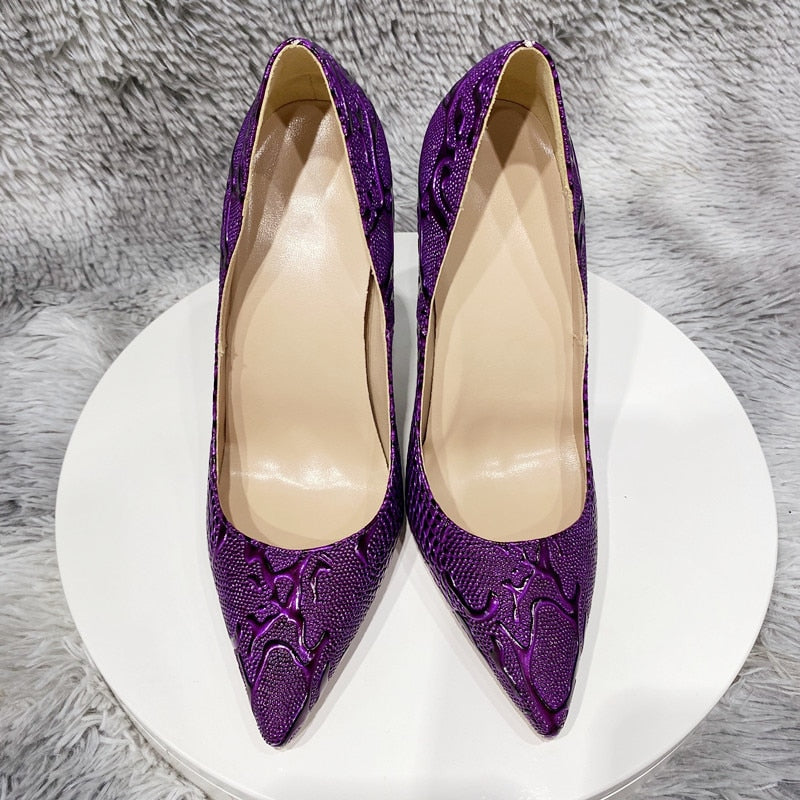 Tikicup Purple Embossed Crocodile Effect Women Pointy Toe Slip On High Heel Shoes for Party Sexy Ladies Dress Stiletto Pumps - House of Cardwell