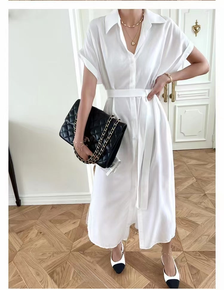 V-neck waist mid-length dress for women cardigan short-sleeved shirt dress for women - House of Cardwell