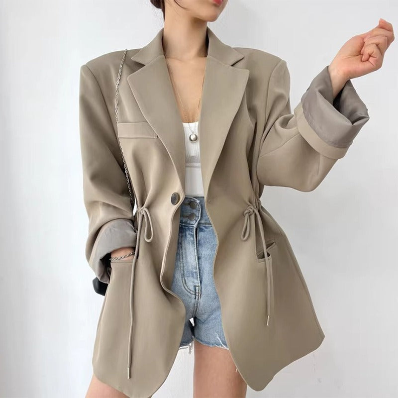 French retro style suit collar, drawstring, waist cinching, slimming pocket, versatile mid length jacket for women eprolo