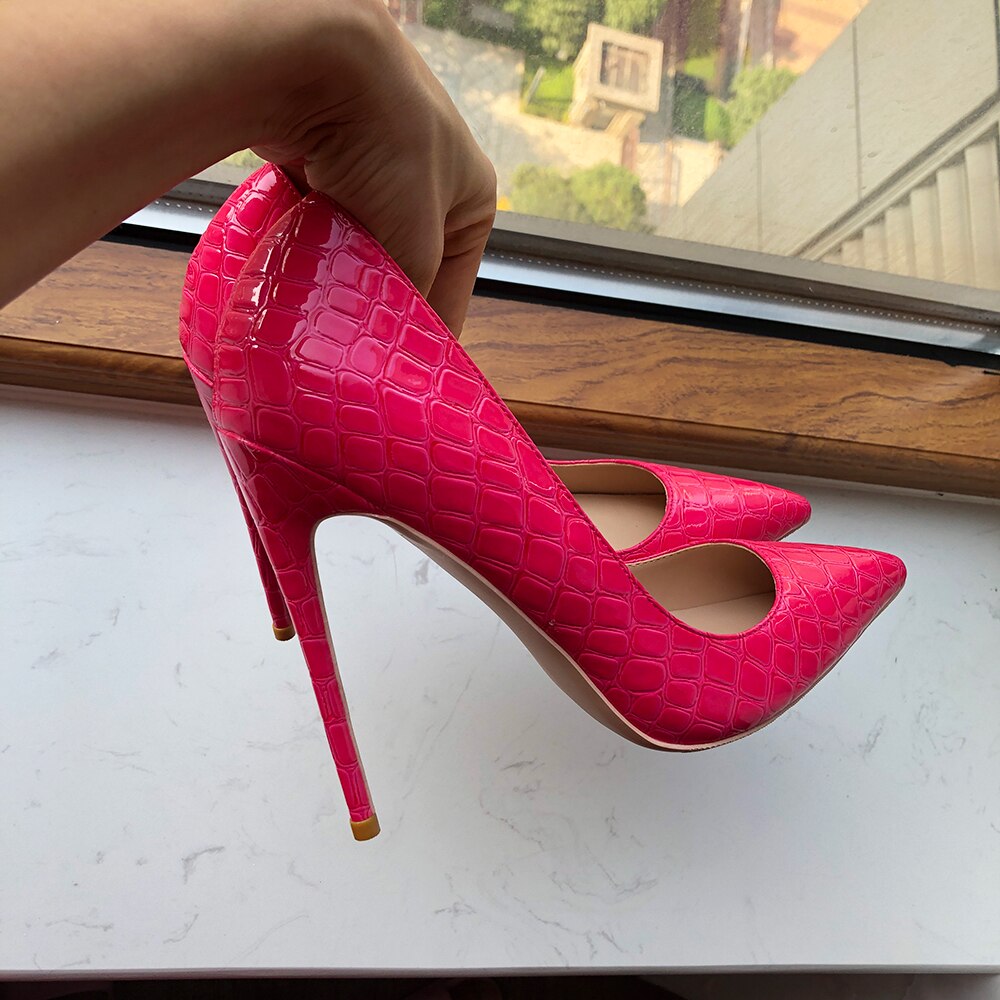 Tikicup Rose Pink Women Crocodile Effect Stiletto Pumps Pointed Toe Slip On 8/10/12cm High Heels Ladies Party Dress Shoes - House of Cardwell