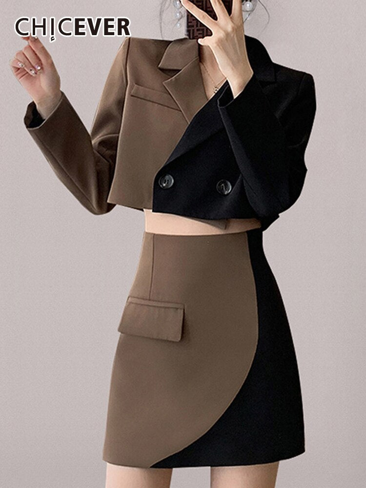 Two Piece Sets For Women Notched Collar Long Sleeve Spliced Button Top High Waist Mini Skirt Slim Set Female - House of Cardwell