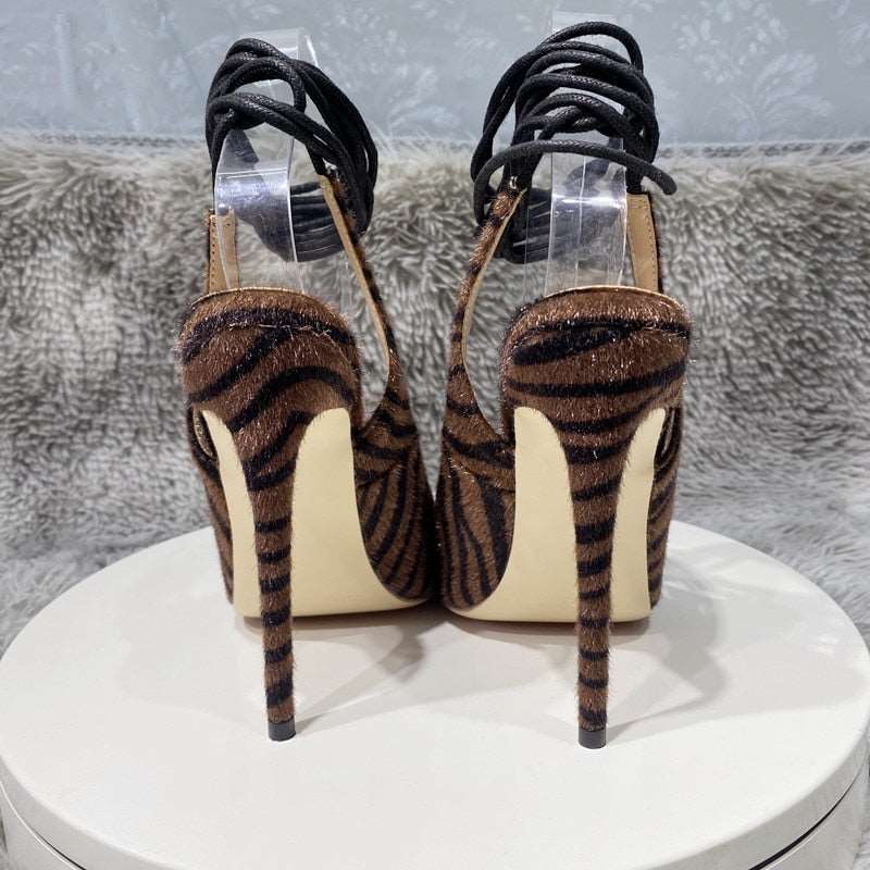 Dark Brown Hairy Zebra Women Pointed Toe Ankle Strap Slingbacks Stiletto Pumps Sexy Ladies Comfortable High Heel Shoes - House of Cardwell