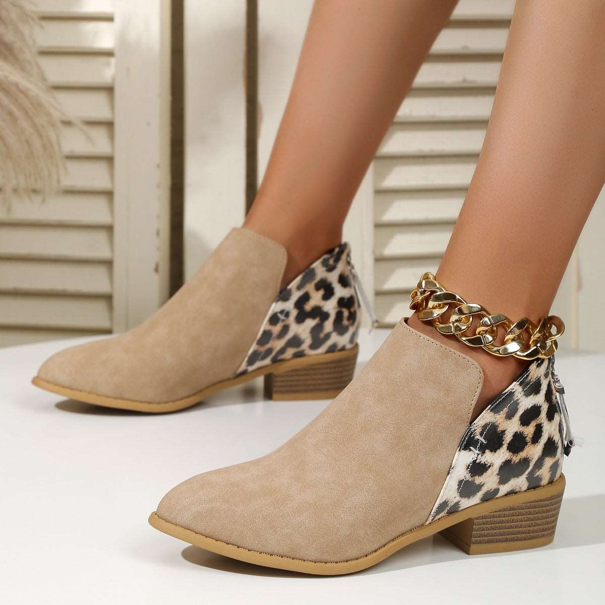 Fashion Leopard Print Boots Women's Pointed Thick Heels Back Zipper Shoes - House of Cardwell