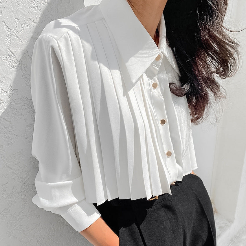 French Chiffon Pleated White Long Sleeve Commuting Professional Top eprolo