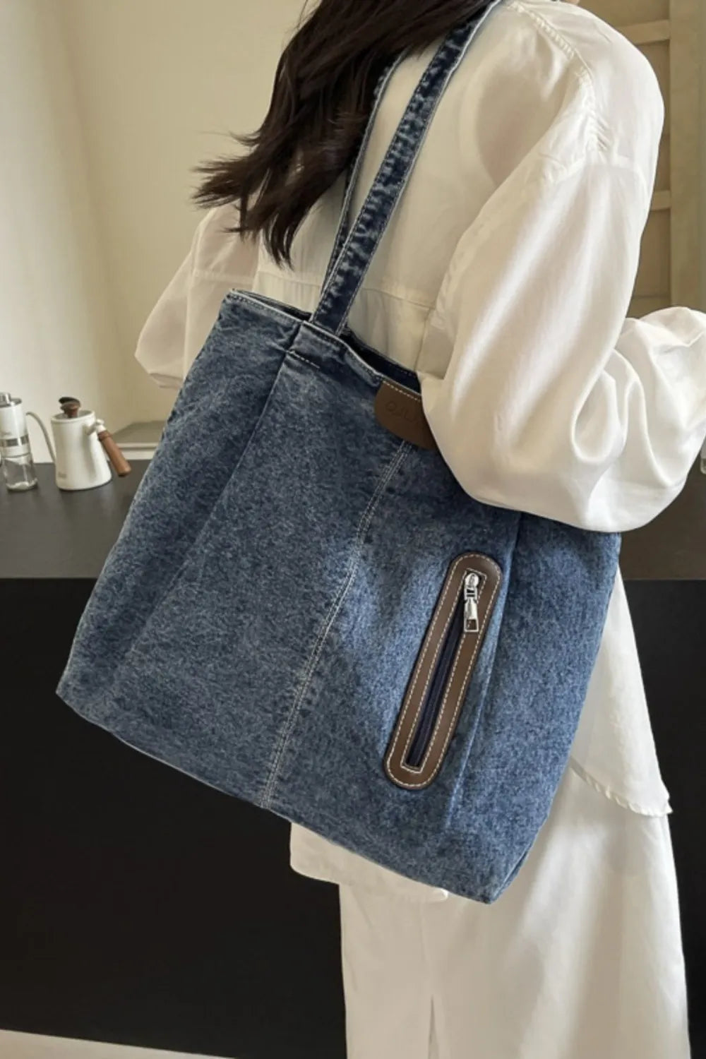 H.O.C. Medium-Size Denim Tote Bag, stylish and practical everyday carry bag

