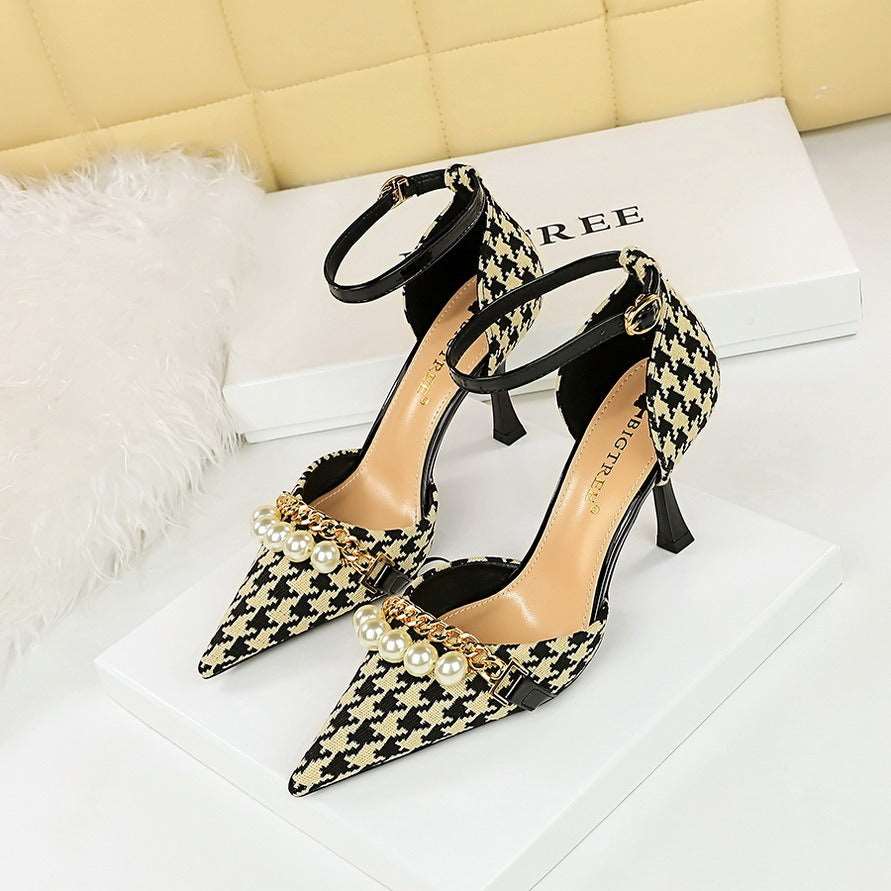 Banquet hollow high heels plaid houndstooth pearl metal chain strappy sandals - House of Cardwell