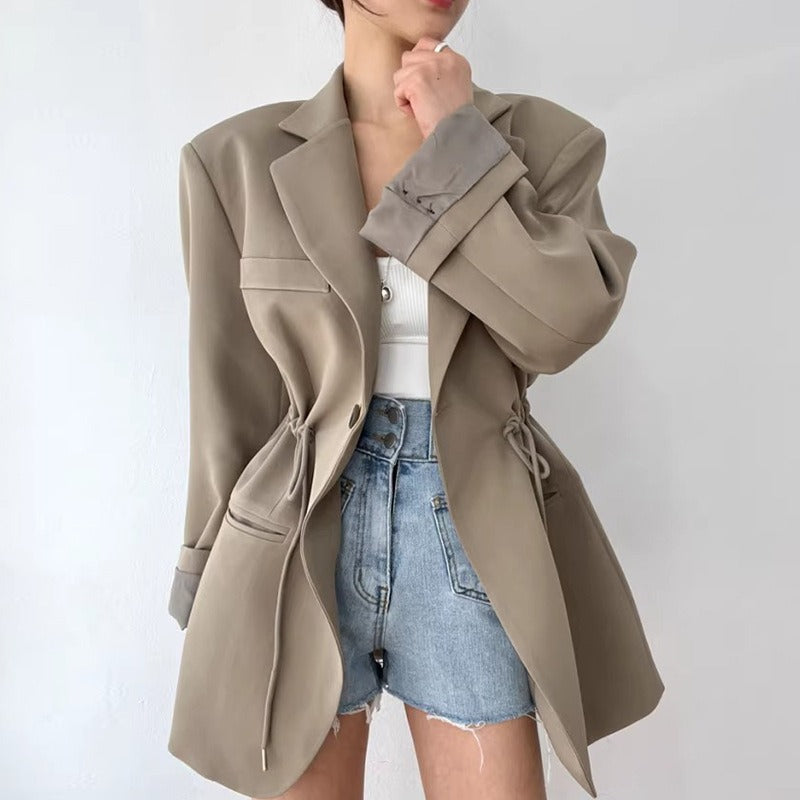 French retro style suit collar, drawstring, waist cinching, slimming pocket, versatile mid length jacket for women eprolo