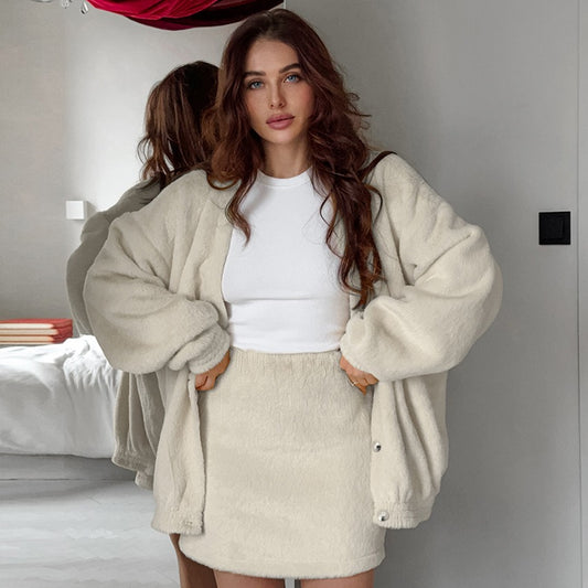 Fashion casual suit with lamb cashmere long sleeved short skirt for women eprolo