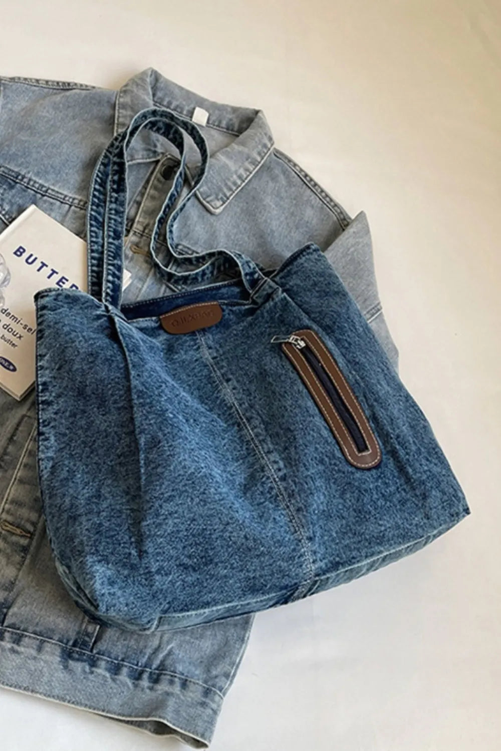 H.O.C. Medium-Size Denim Tote Bag, stylish and practical everyday carry bag

