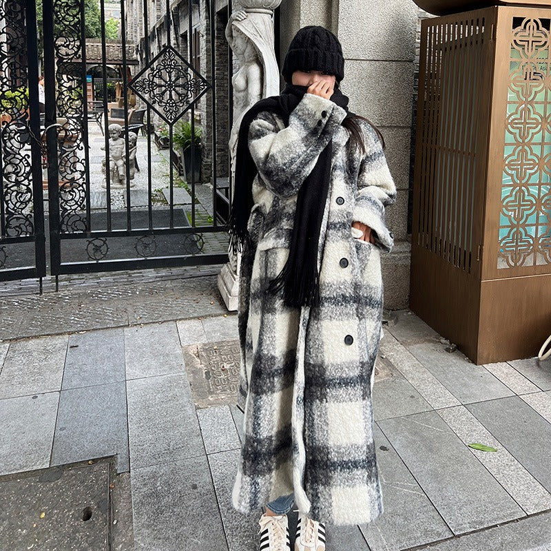 Retro plaid woolen coat women's autumn and winter Korean version loose and thick mid to long over the knee woolen coat eprolo