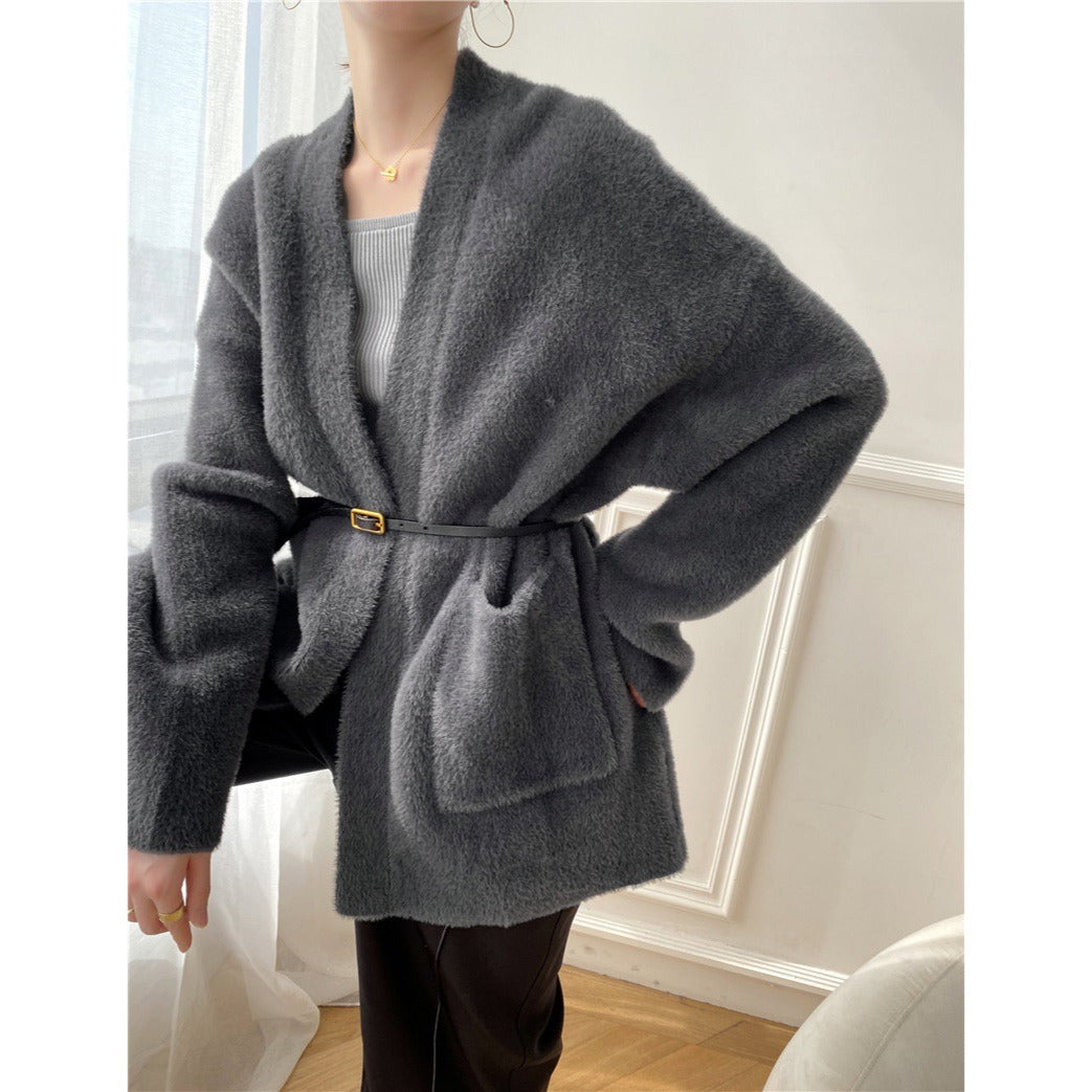 Heavy cargo temperament imitates mink fur sweater jacket women's loose and lazy thick knitted cardigan without shedding hair eprolo