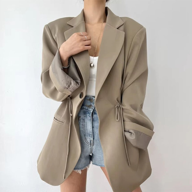 French retro style suit collar, drawstring, waist cinching, slimming pocket, versatile mid length jacket for women eprolo