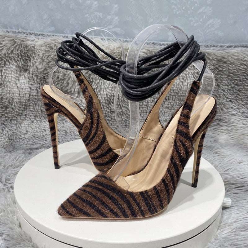 Dark Brown Hairy Zebra Women Pointed Toe Ankle Strap Slingbacks Stiletto Pumps Sexy Ladies Comfortable High Heel Shoes - House of Cardwell