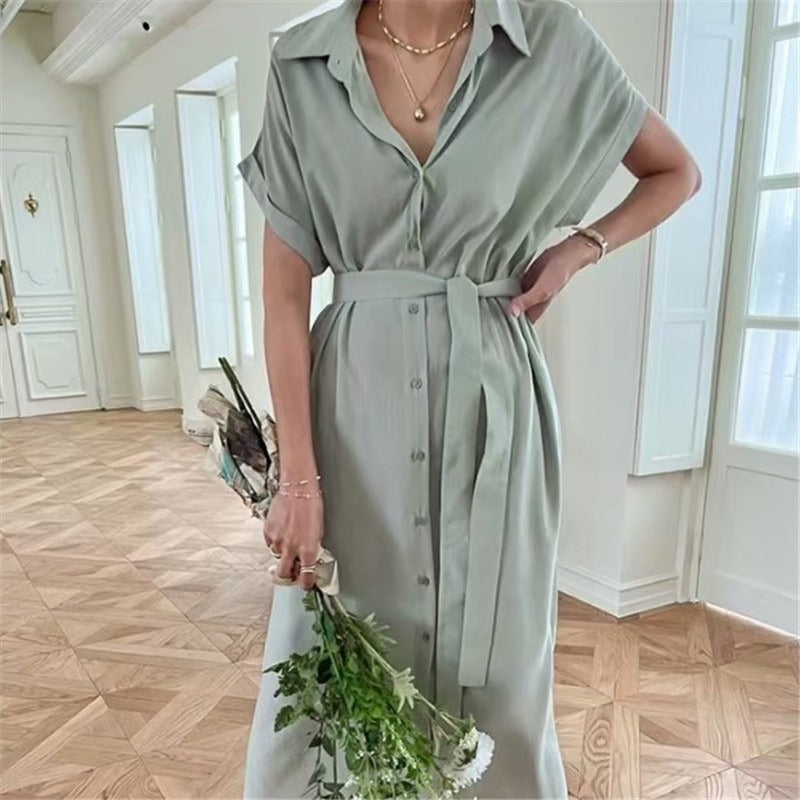 V-neck waist mid-length dress for women cardigan short-sleeved shirt dress for women - House of Cardwell