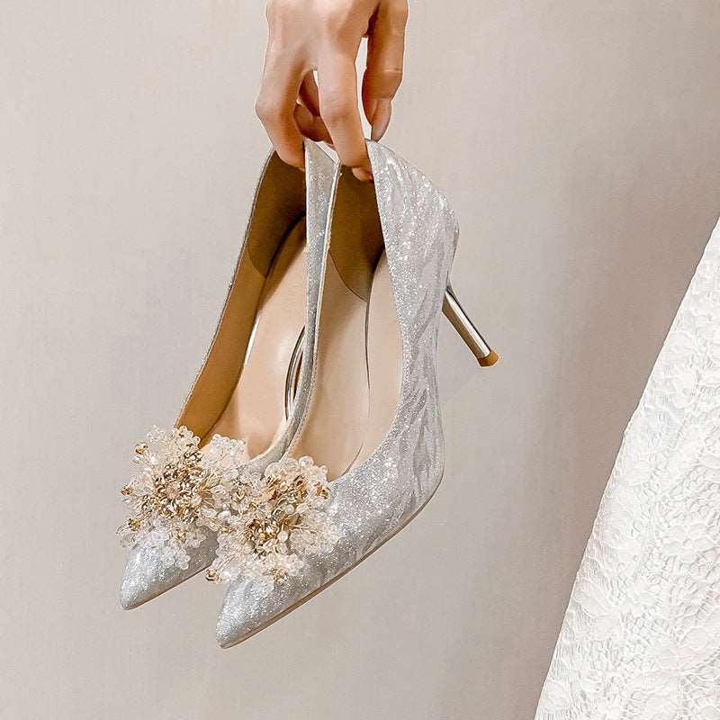 Fashion Sequins High Heels with Crystal Flowers Pointed Toe Pumps Party Shoes for Women - House of Cardwell