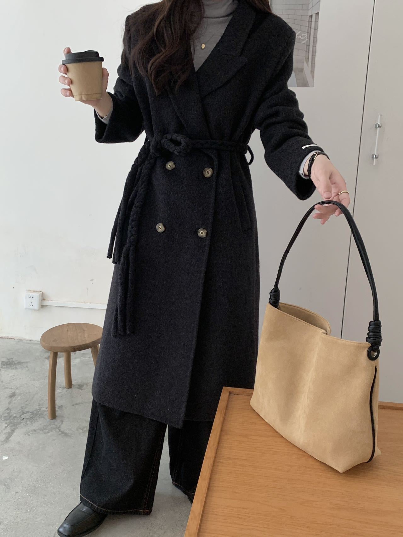 New high-end woven waistband design suit double-sided wool coat woolen coat medium long temperament women's coat eprolo