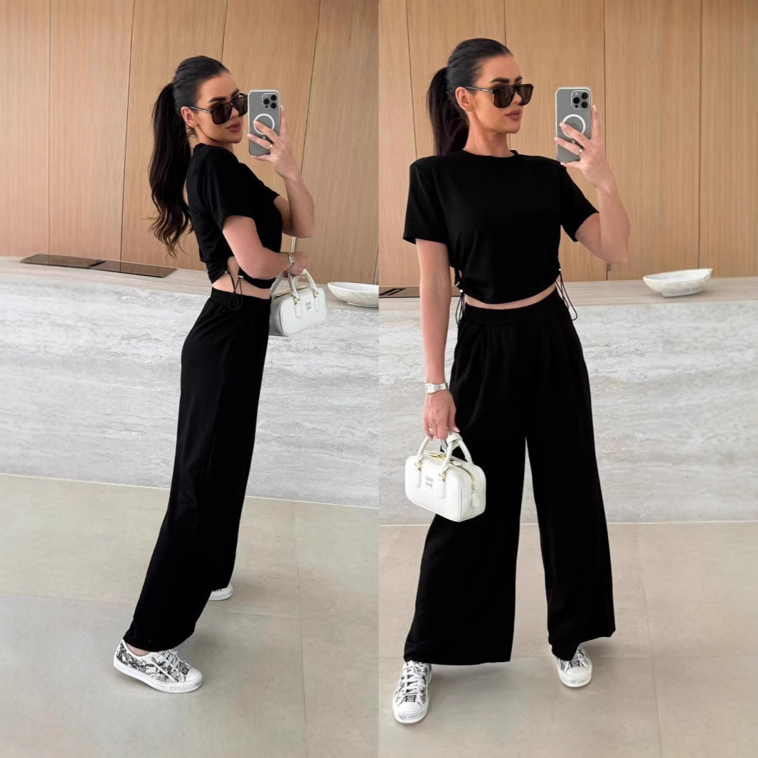 Fashionably Casual Drawstring Wide-Leg Pants Set eprolo