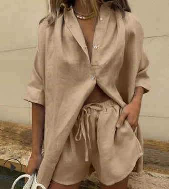 Summer Casual Cotton Linen Short Loose Sleeve Two-Piece Shirt Short Set eprolo