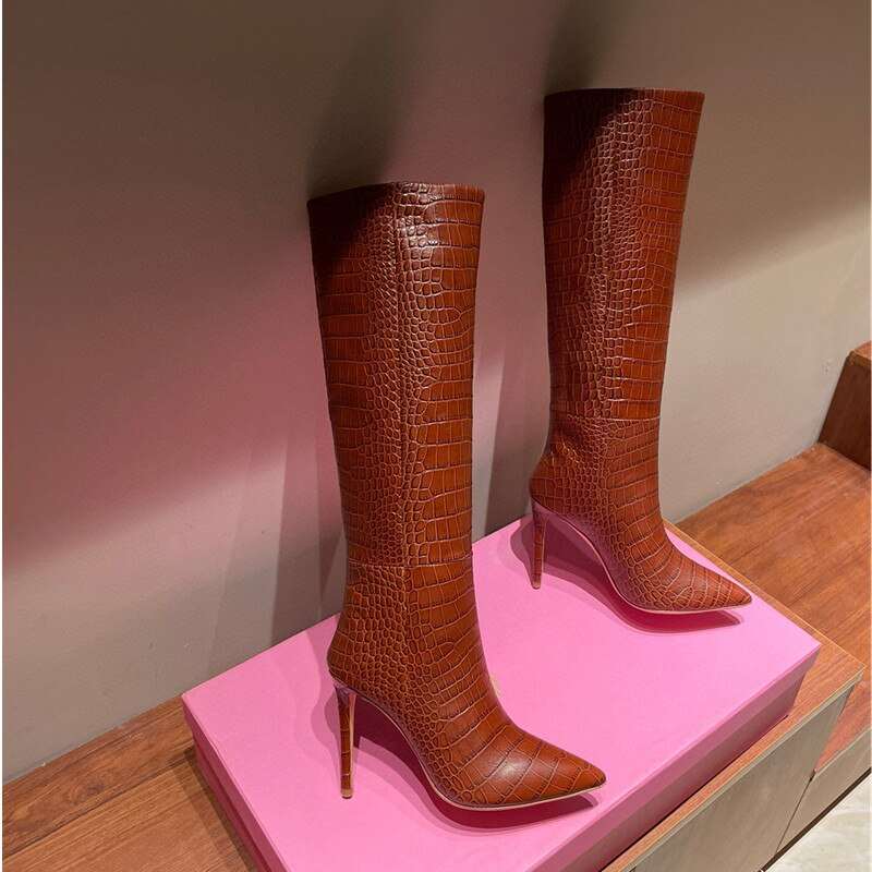 Candy Color Sexy Crocodile Leather Knee-Length High Boots Pointed Toe 10 cm High Heels Fashion Thigh Boots 35-44 Size - House of Cardwell