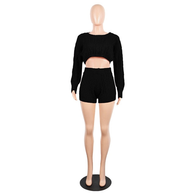 H.O.C Two Piece Fall/Winter Long Sleeve Knit Sweater Tops Bodycon Shorts Sexy Matching Sets eprolo