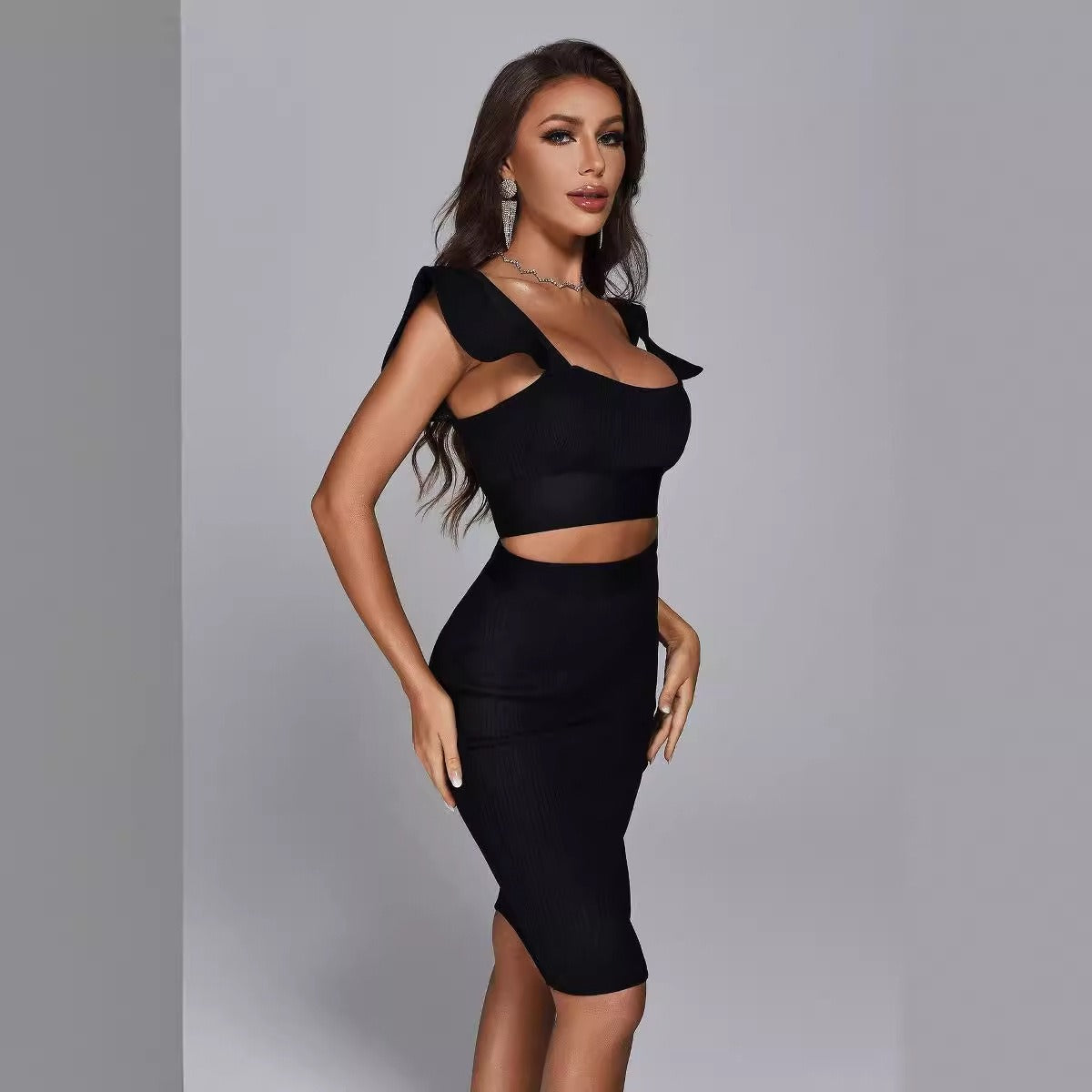 European and American sexy hot-selling bandage skirt suit short top short skirt high street party two-piece skirt suit - House of Cardwell