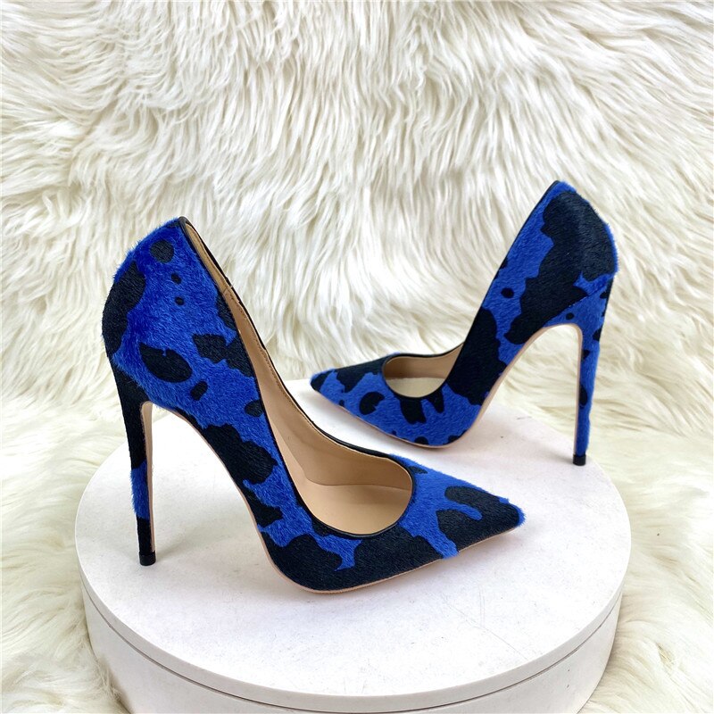 Tikicup Blue Cow Women Hairy Flock Pointy Toe High Heel Shoes Comfortable Elegant Ladies Formal Dress Slip On Stiletto Pumps - House of Cardwell