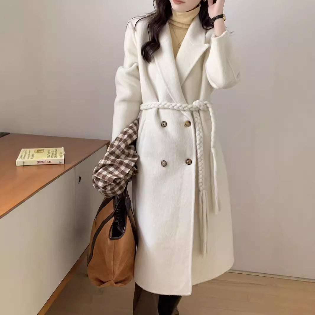 New high-end woven waistband design suit double-sided wool coat woolen coat medium long temperament women's coat eprolo