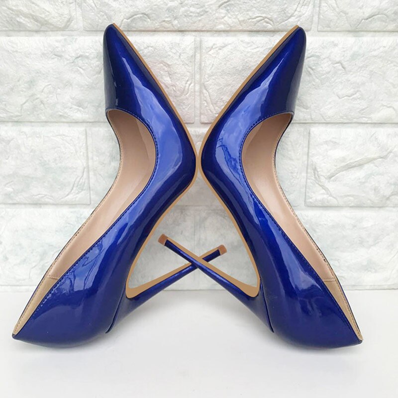 Tikicup Dark Blue Women Patent Pointed Toe Stiletto High Heels Elegant Ladies Slip On Wedding Pumps Shoes Plus Size 34-45 - House of Cardwell