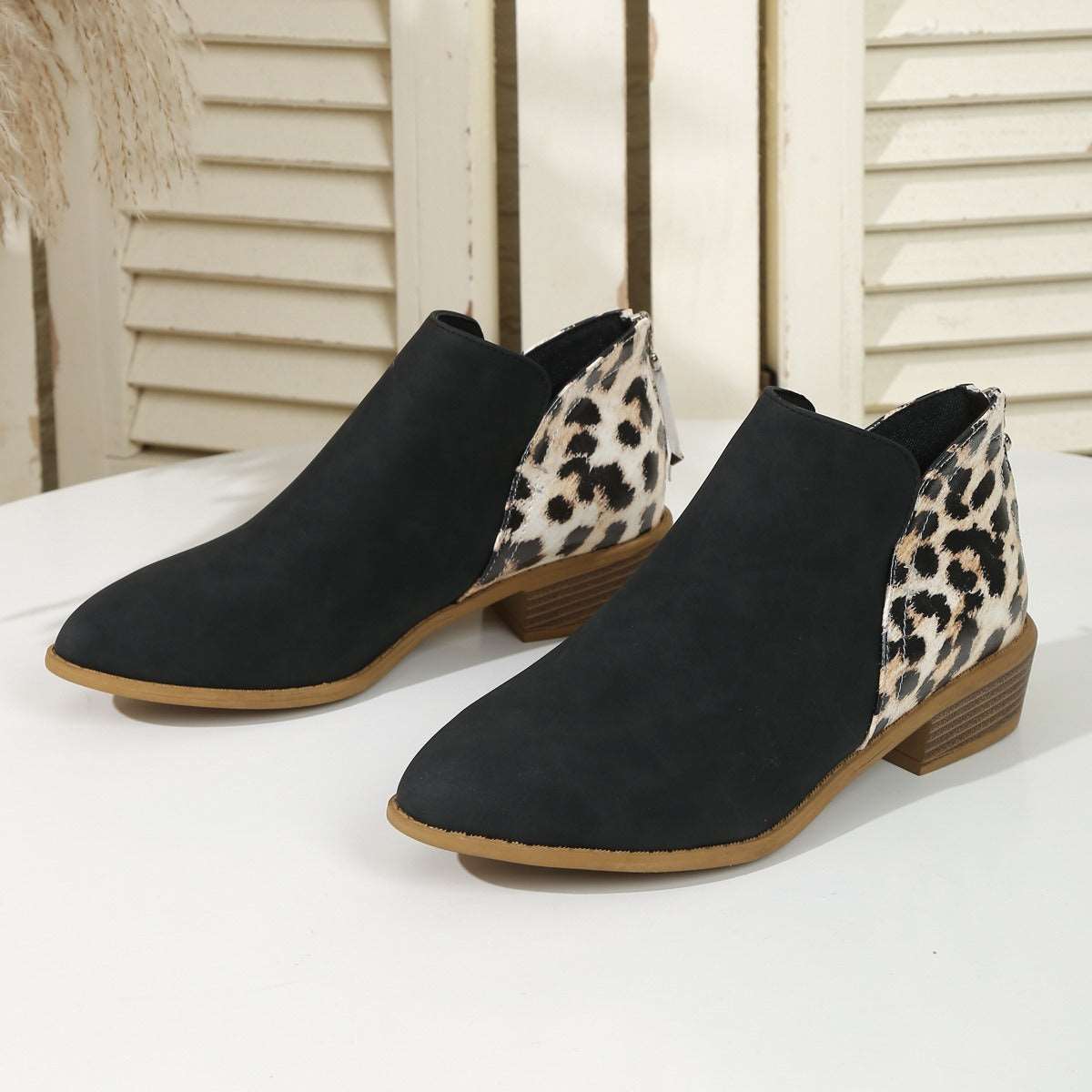 Fashion Leopard Print Boots Women's Pointed Thick Heels Back Zipper Shoes - House of Cardwell